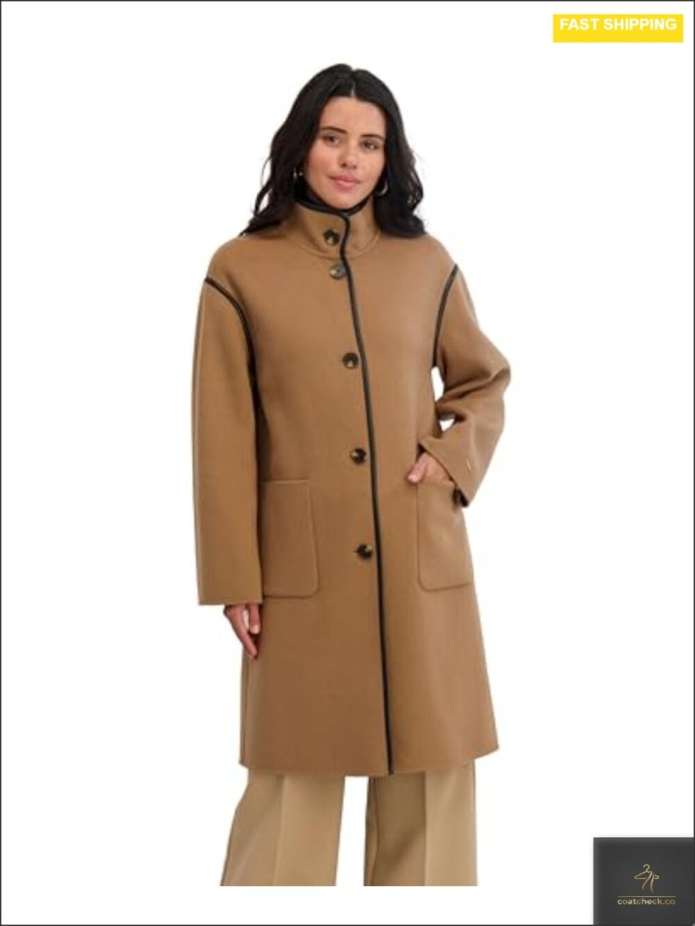 Women's Wool Blend Double Breasted Military Peacoat with PU Binding